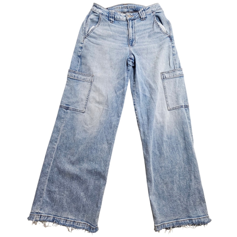 American Eagle Cargo Jeans Women 6 Light Wash Super High Rise Baggy Wide Leg